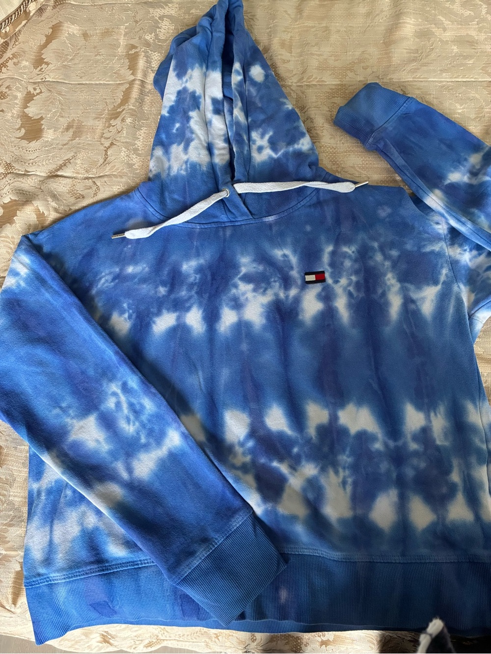 Tommy Hilfiger Blue and White Tie-Dye Crewneck Hoodie